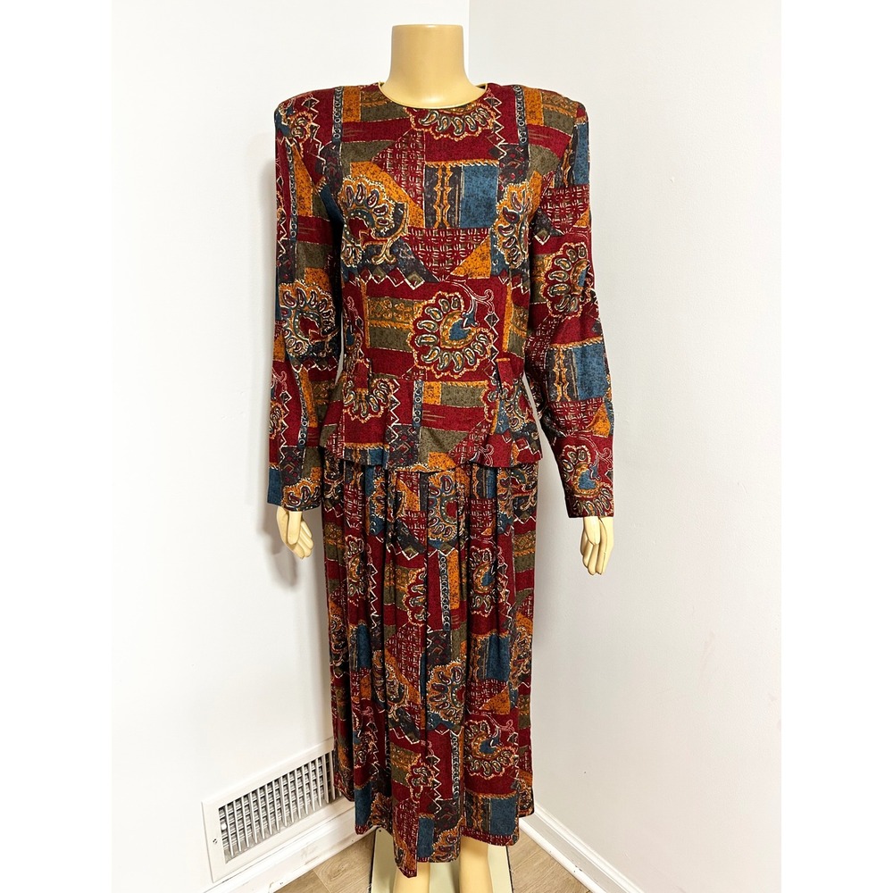 Vintage Jessica Howard Patchwork Paisley Midi Dress Burgundy Gold Trim Size 12